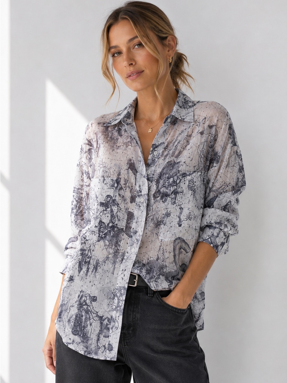 Raquel Allegra White Zodiac Work Shirt Oversized Sheer Button Up XS